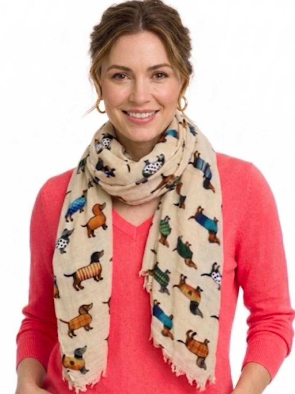 NWT Beige Dachshund Puppy Print Scarf Lightweight Novelty Wiener Dog Lover 
V